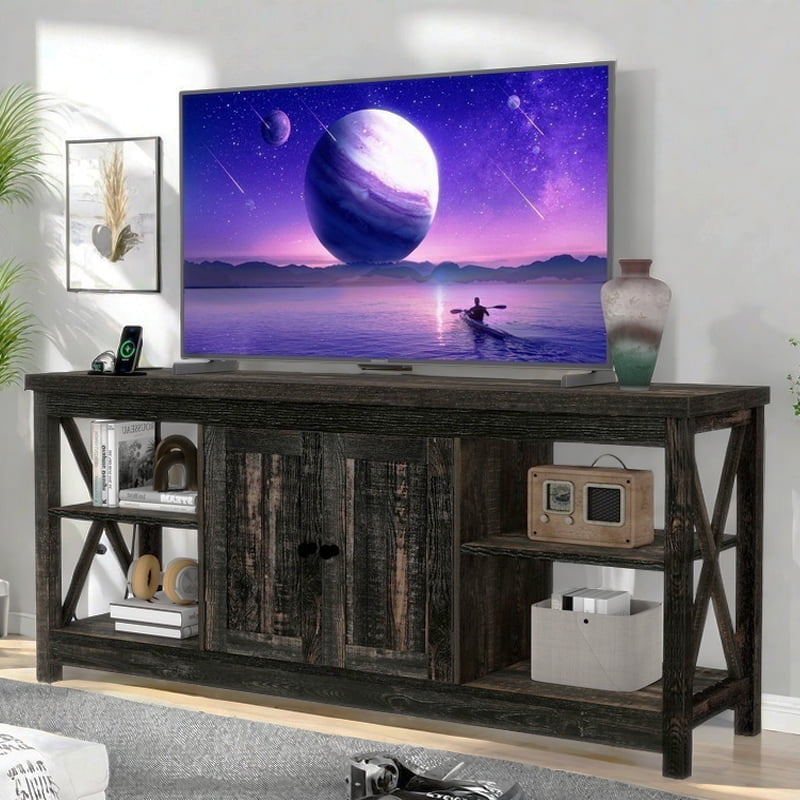 Dextrus Farmhouse TV Stand up to 65 Inches w/Power Outlets, Entertainment Center Cabinet with Storage for Living Room, Rustic Oak