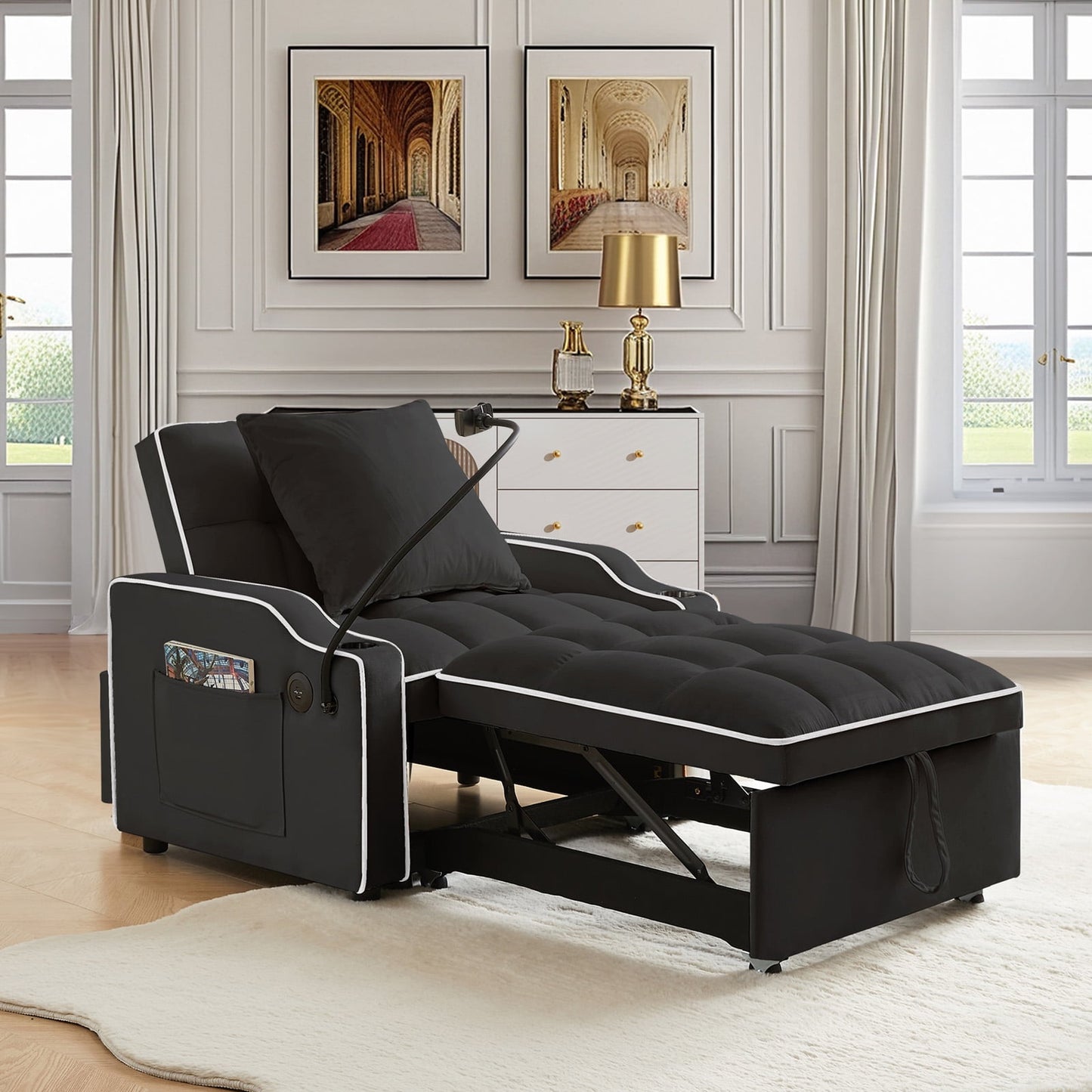 Lunale 3-in-1 Convertible Sleeper Chair Bed with Charge Ports & Phone Stand, Black Velvet