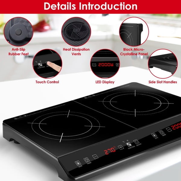 Dual Burner Induction Cooktop, 9 Power/Temperature Levels with Smart Timer, Safety Lock for Simmer/Fry/Boil