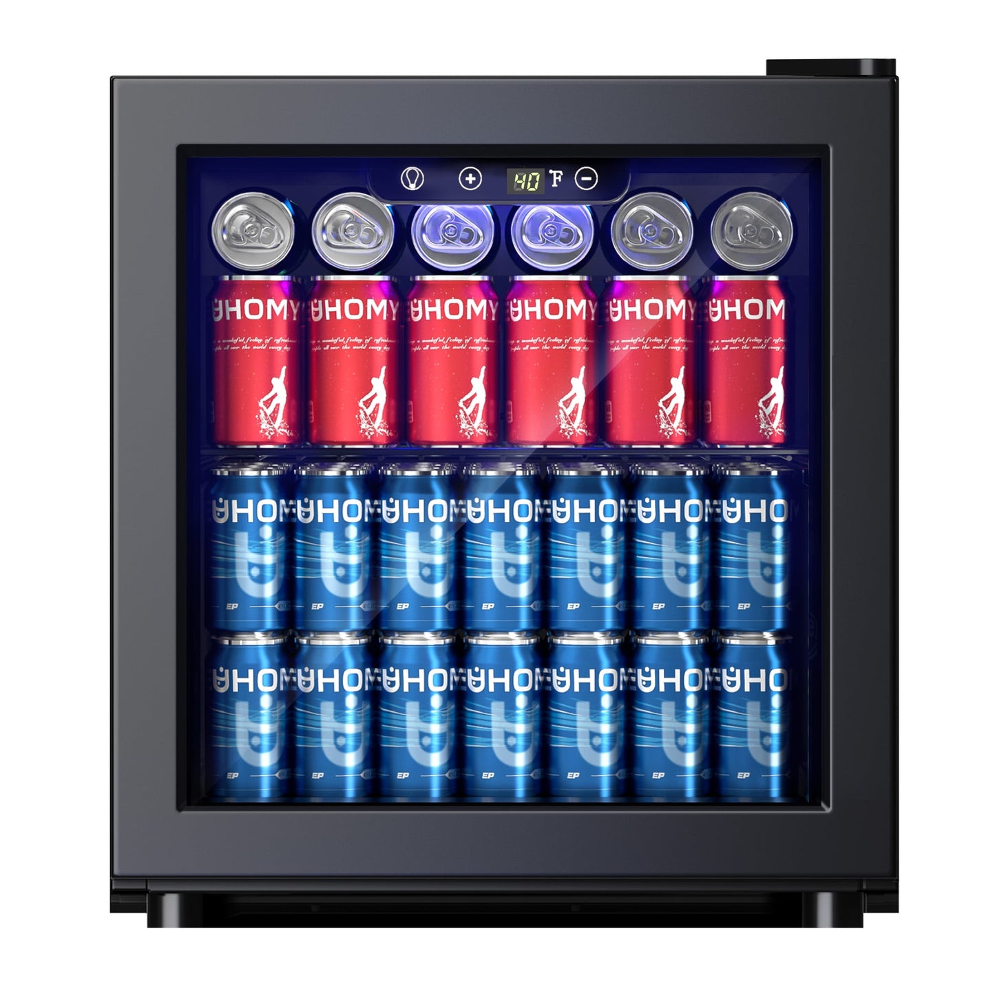 EUHOMY 50 Can Beverage Refrigerator Cooler, Countertop Mini Fridge with Adjustable Shelves Blue LED