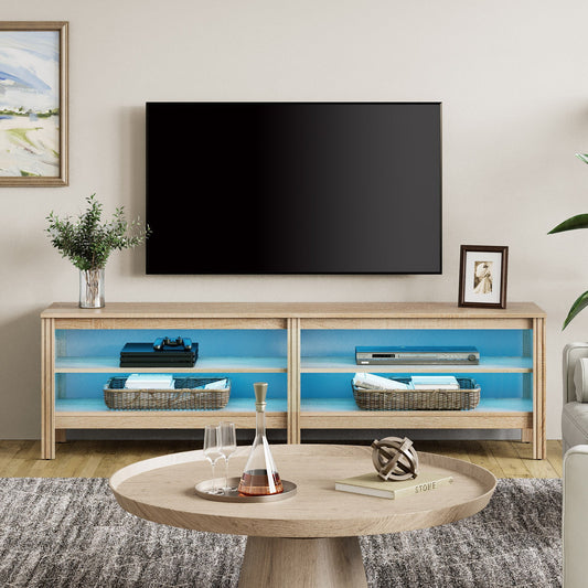 Fitueyes 70" TV Stands for TVs Up to 75 Inch, Media Console with Open Shelves & LED Light for Living Room, Oak