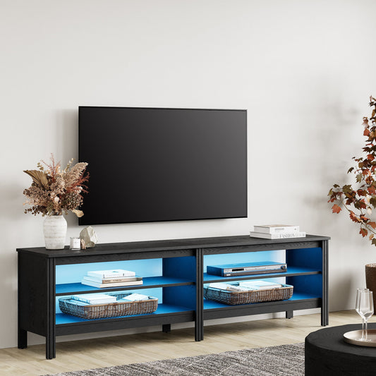 Fitueyes 70" TV Stands for TVs Up to 75 Inch, Media Console with Open Shelves & LED Light for Living Room, black