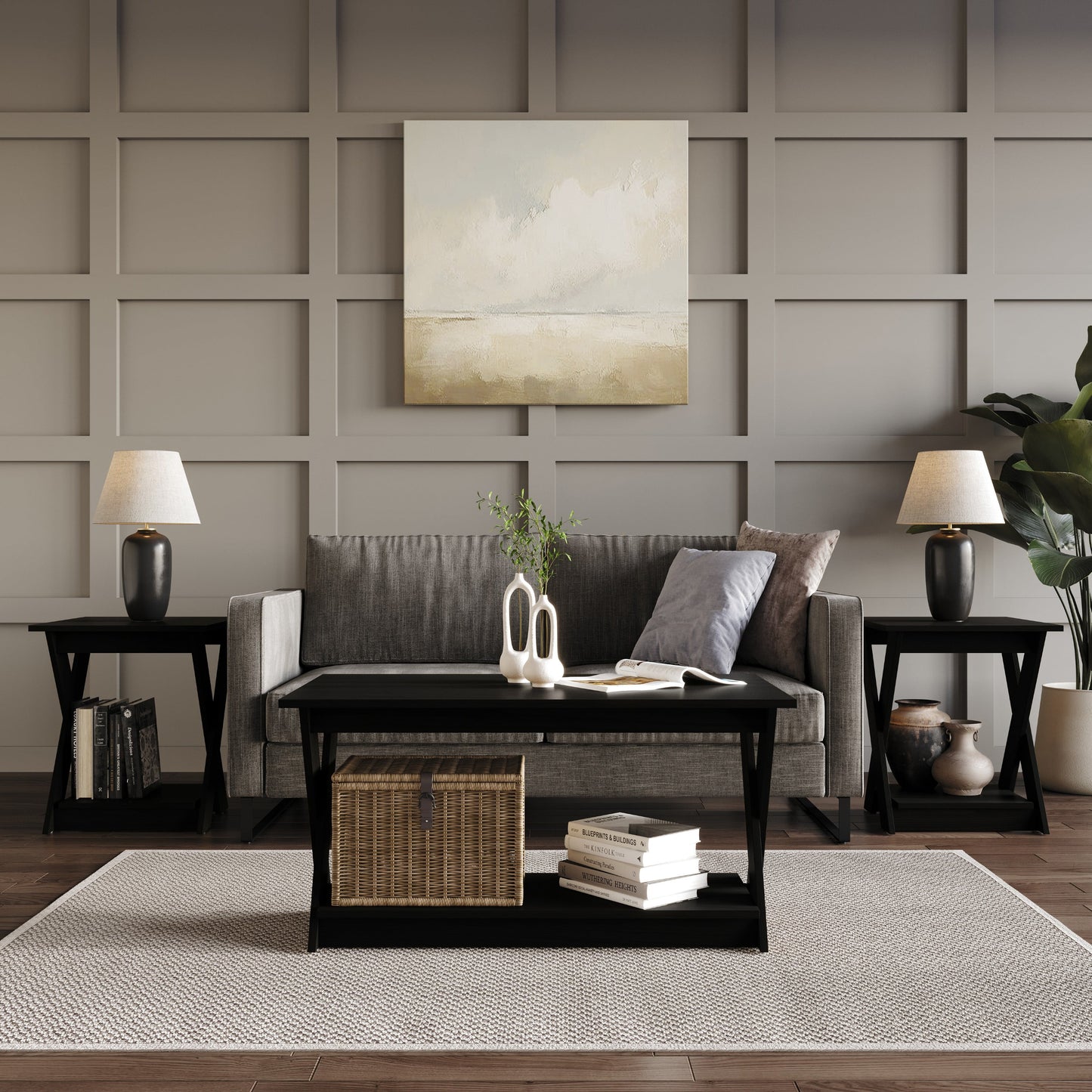 Home Design Emporia 3-Piece Coffee Set with Crossed-Leg Design and Lower Shelf, Wide Plank, Brown, Modern Living Room