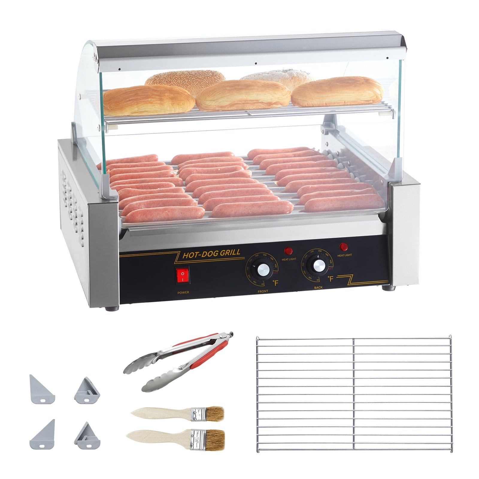 KFFKFF Backsplash Shelf 1650W Electric 30 Hot Dog 11 Roller Grill Cooker Machine