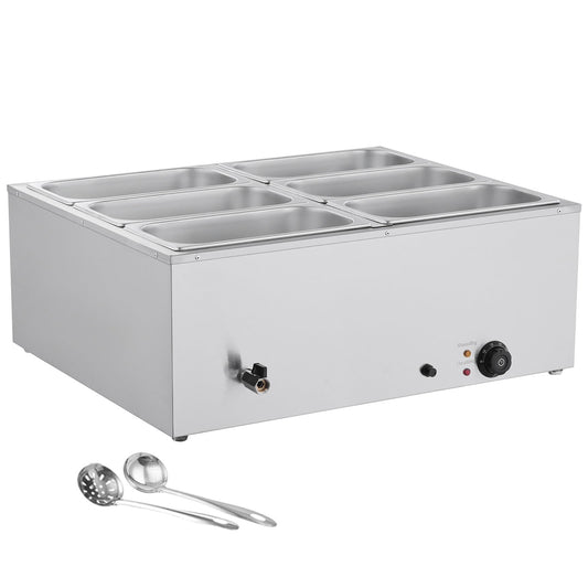 KFFKFF Commercial Food Warmer, 1500W Electric Stainless Steel Steam Heater with Lid, 6-Pan Countertop Buffet Bain Marie for Efficient Heating, Includes Soup & Perforated Ladles, Ideal for Catering