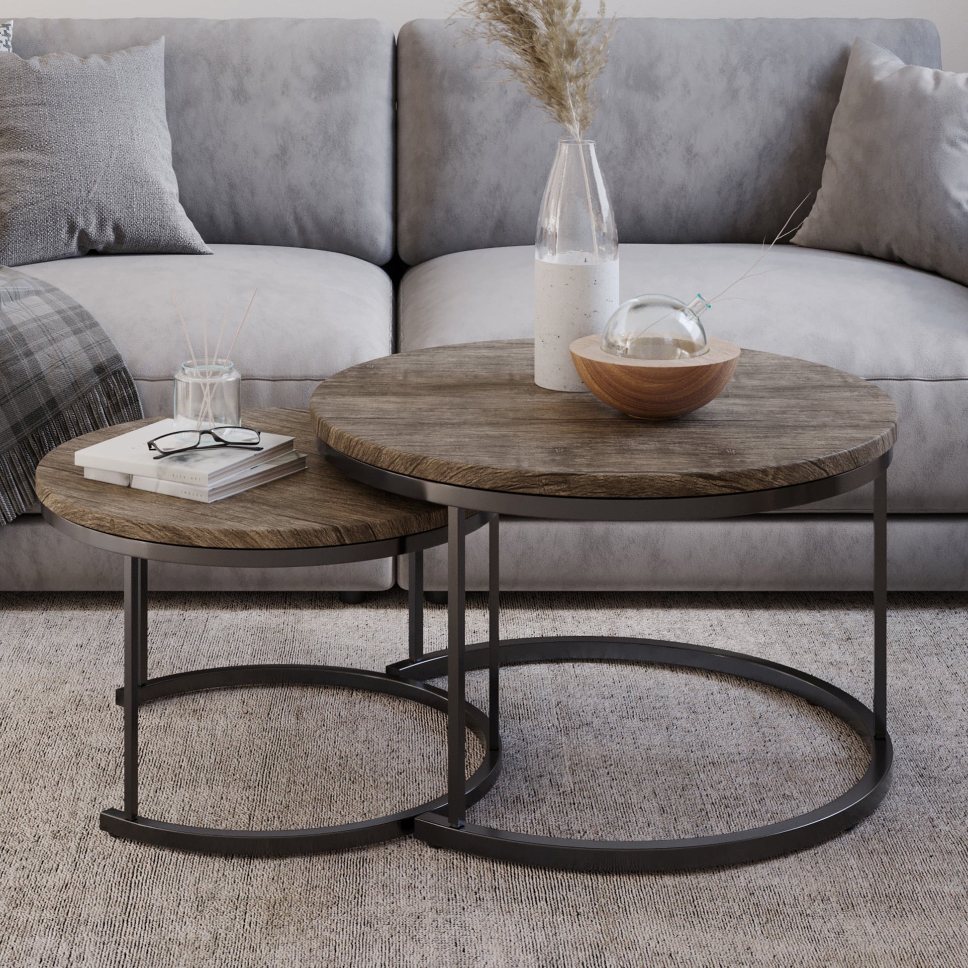Lavish Home 2-Piece Round Coffee Table Set - Nesting Tables for Living Room, Side Tables to Use Together or Separately,Gray-Brown