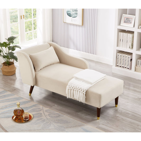 Miniyam Velvet Chaise Lounge, Upholstery Accent Chaise Chair with Pillow for Living Room Bedroom, Left Armrest, Beige
