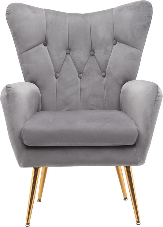 US Pride Furniture Modern Chic Mid-Century Velvet Accent Armchair for Living Room Bedroom or Home Office Button-Tufted Wingback Design with Gold Flared Legs Grey