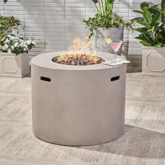 Noble House Aidan 31" Round Light Weight Concrete Gas Fire Pit in Light Gray