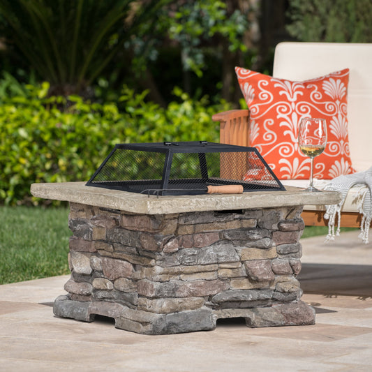 Christopher Knight Home 28.5" Outdoor Patio Wood Burning Fire Pit with Lid, MGO Base & Iron Bowl, Stone Gray