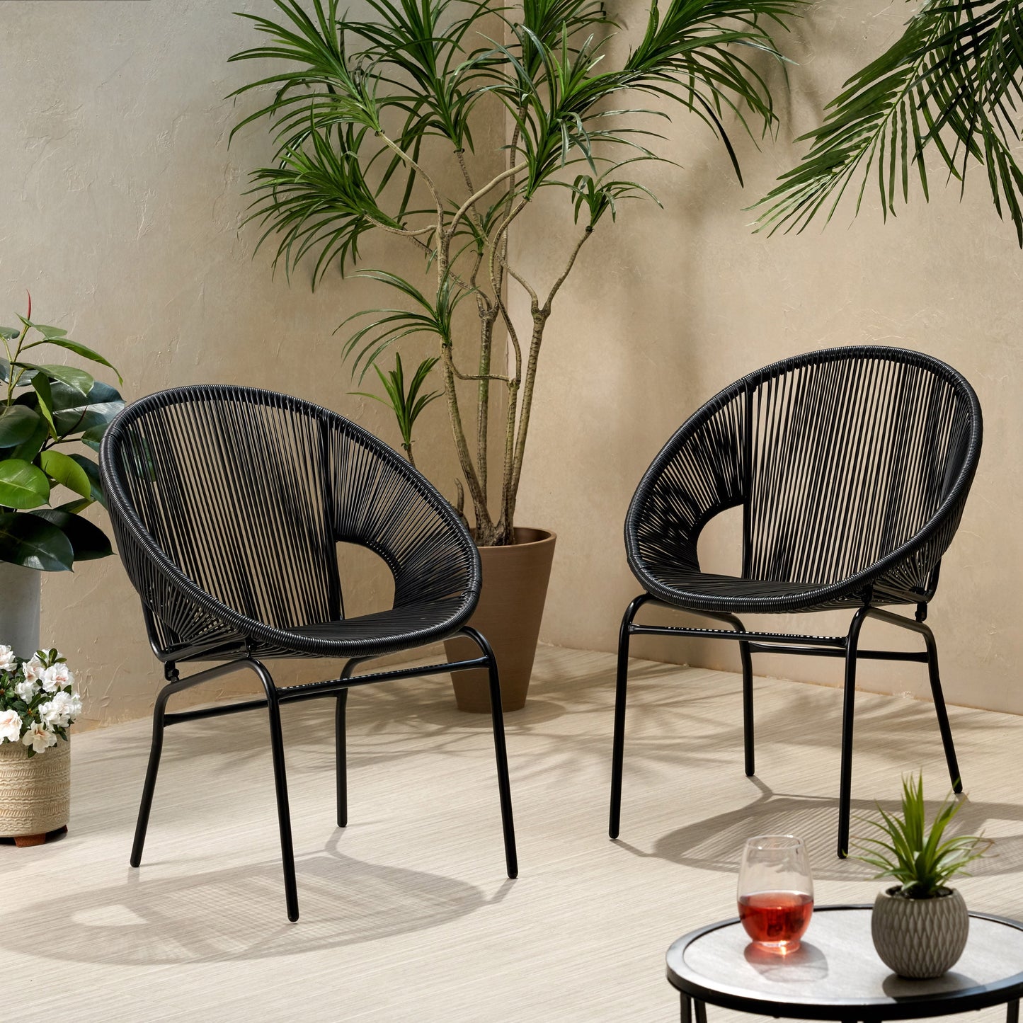 Noble House Nusa Outdoor Faux Rattan/Iron Metal Club Chair in Black (Set of 2)
