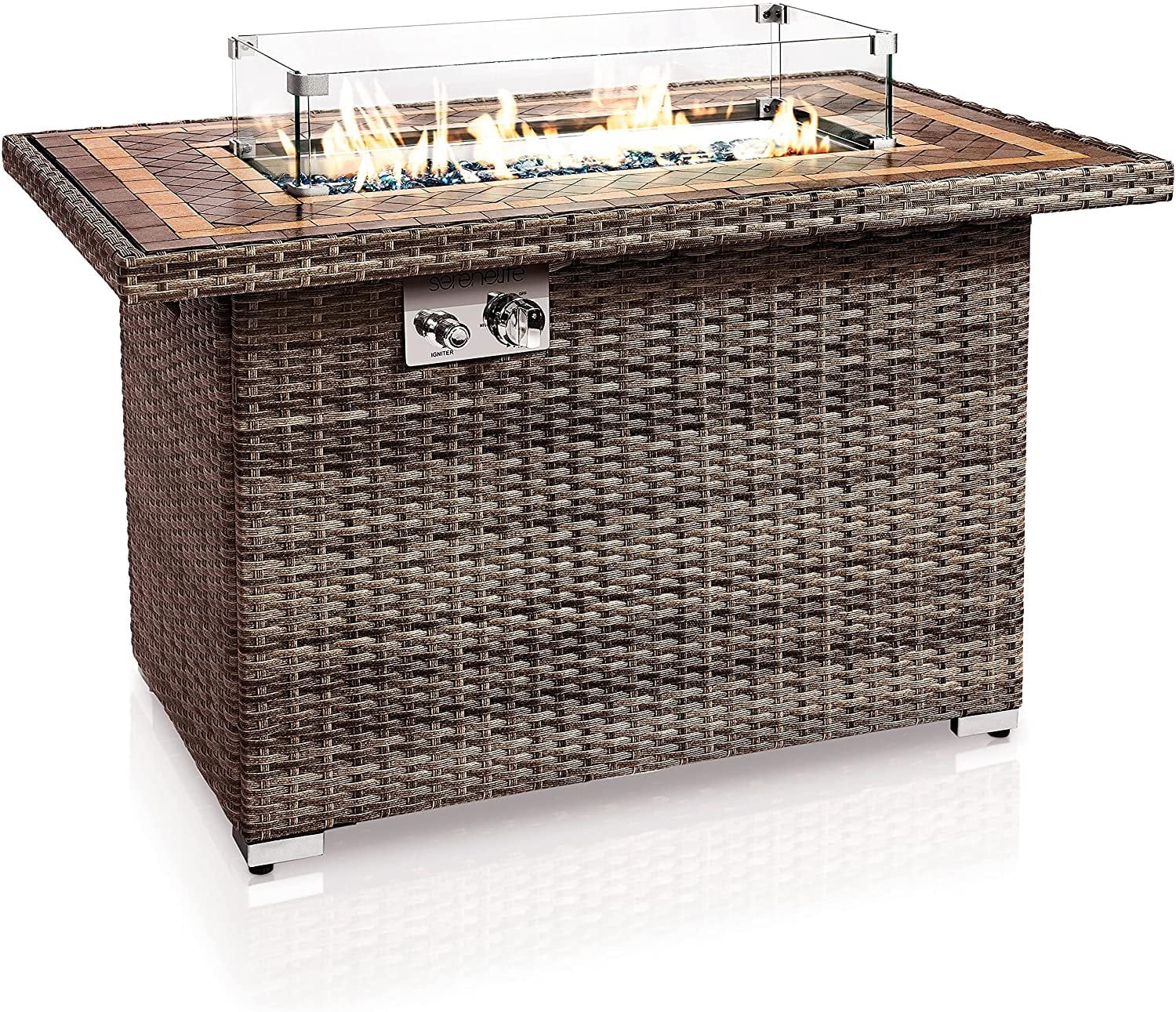 Outdoor Propane Fire Pit Table- 50,000 BTU Auto-Ignition Gas Fire Pit w/ Glass Wind Guard, Black Tempered Glass Tabletop & Clear Glass Rock for Outdoor Cooking & Grilling - SLFPTIL49