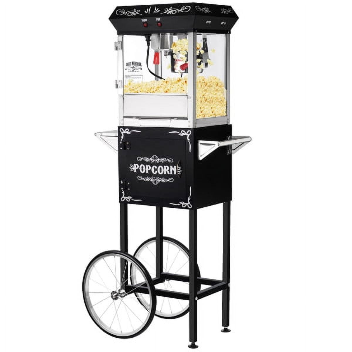 Popcorn Machine with Cart - Foundation 6oz Popper with Stainless-Steel Kettle, Heated Warming Tray, and Old Maids Drawer by Great Northern Popcorn (Black)