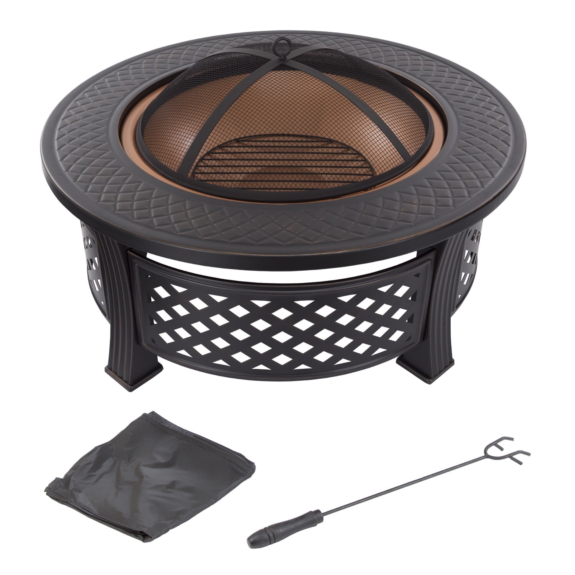 Pure Garden Outdoor Fire Pit – 32” Round Wood Burning Pit with Spark Screen, Poker & Cover, Bronze