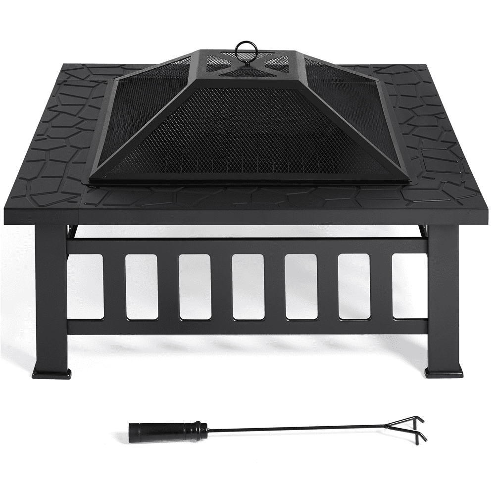 Renwick 34'' Outdoor Square Metal Fire Pit with Cover & Poker, Black