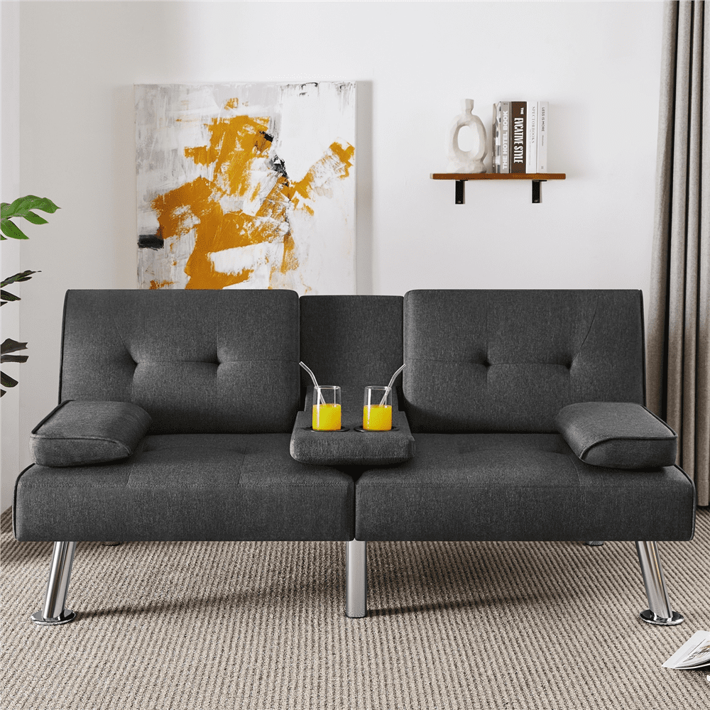 Renwick Fabric Upholstered Convertible Futon Sofa Bed with Cup Holders and Pillows, Dark Gray