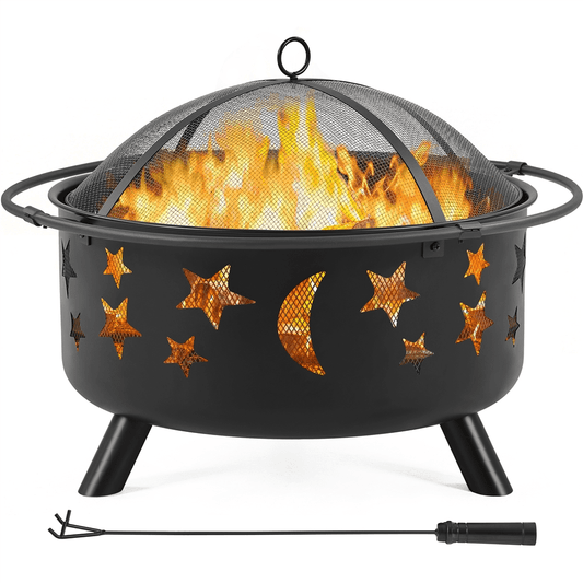 Renwick Round Metal Fire Pit with Stars Moons Pattern, Black