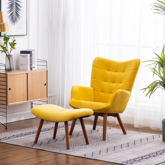 Roundhill Furniture Leiria Velvet Tufted Accent Chair with Ottoman in Yellow