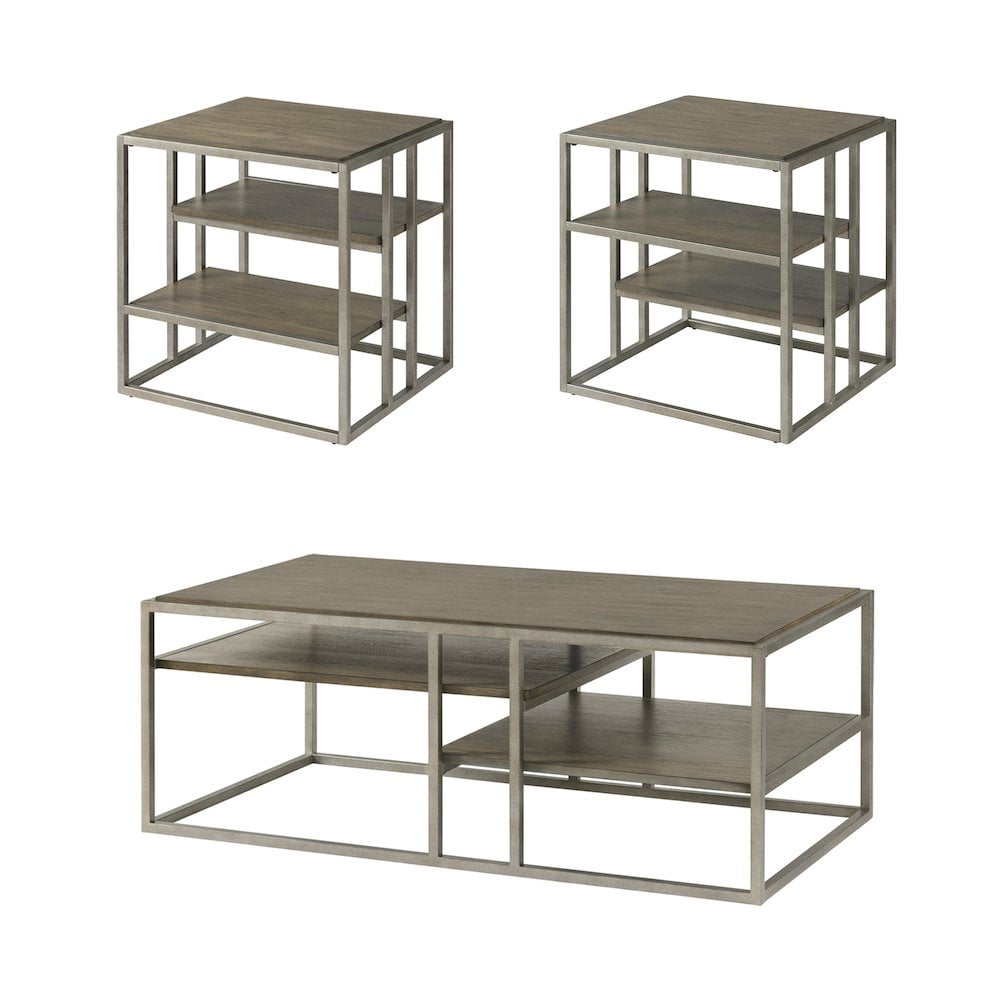 Roundhill Furniture Padena 3-Pc Metal Frame Wood Living Room Coffee Table and 2 End Tables Set