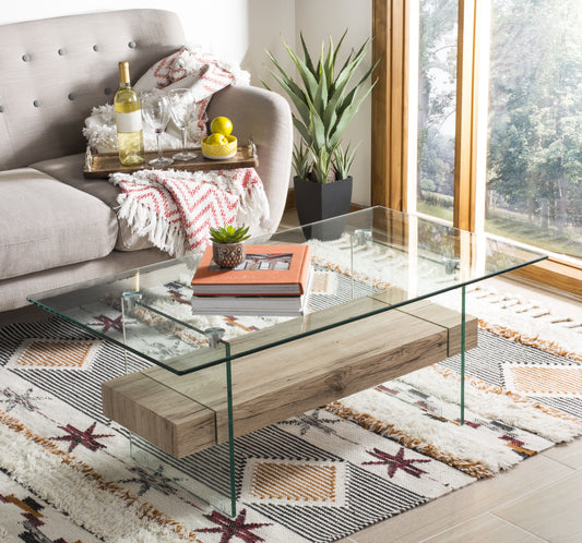 SAFAVIEH Kayley Rectangular Modern Glass Coffee Table, Natural