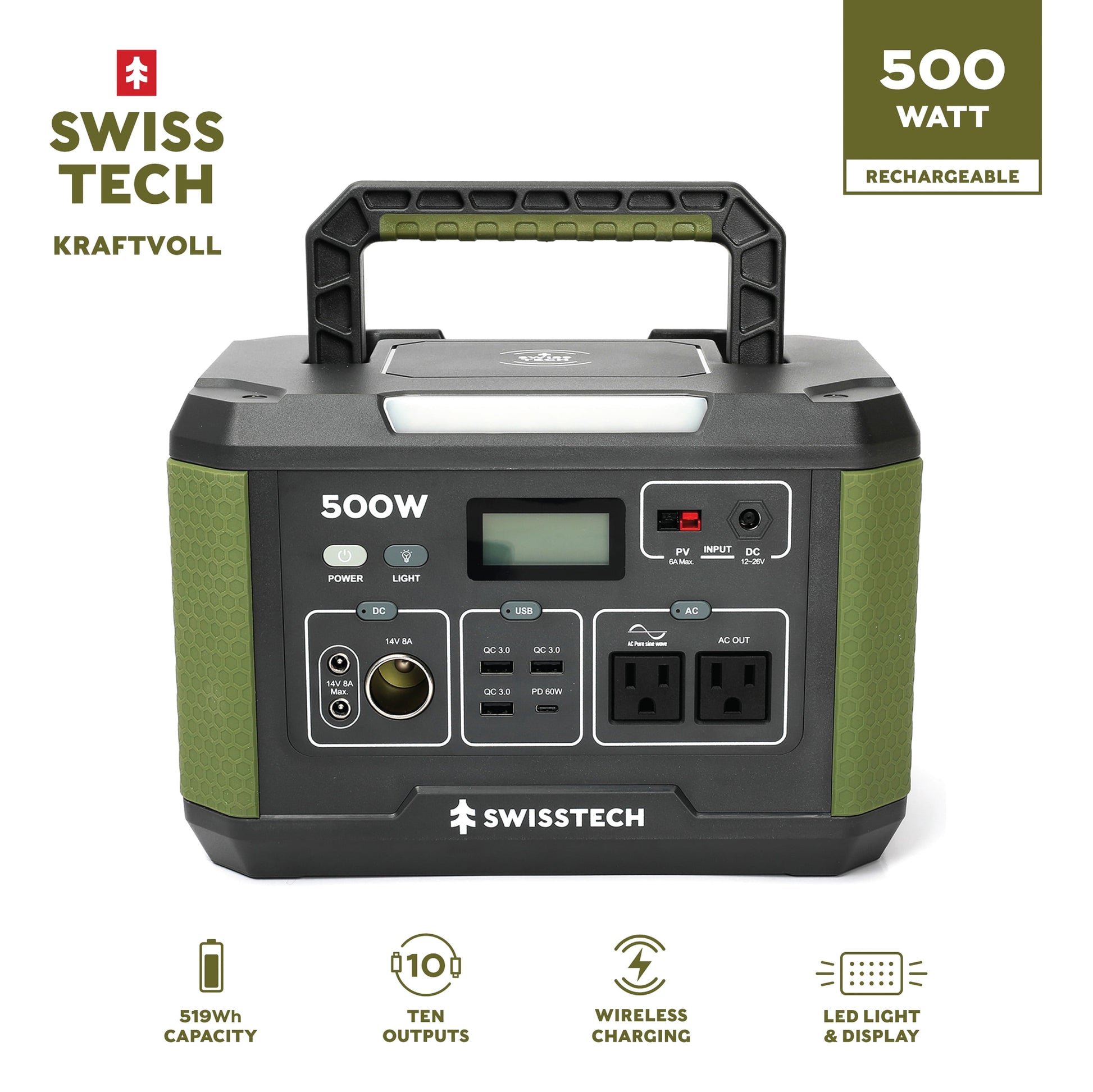 Swiss Tech 500W portable power station 519Wh solar compatible battery for outdoor & emergency use