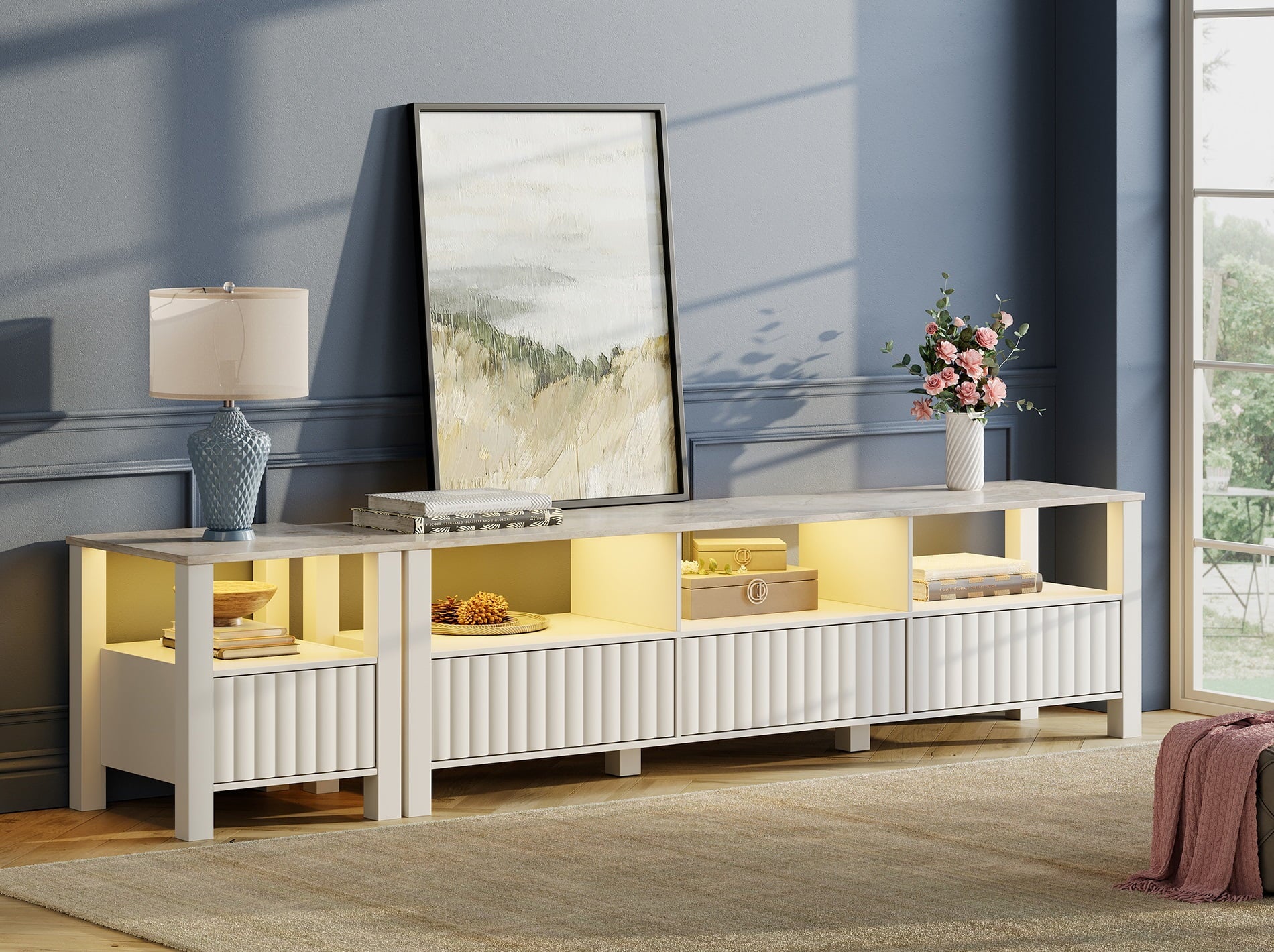 TV Stand for 90 inch TV Entertainment Center Wood TV Console Table for 100/85/80 inch TV with 8 Storages for Living Room Bedroom, White