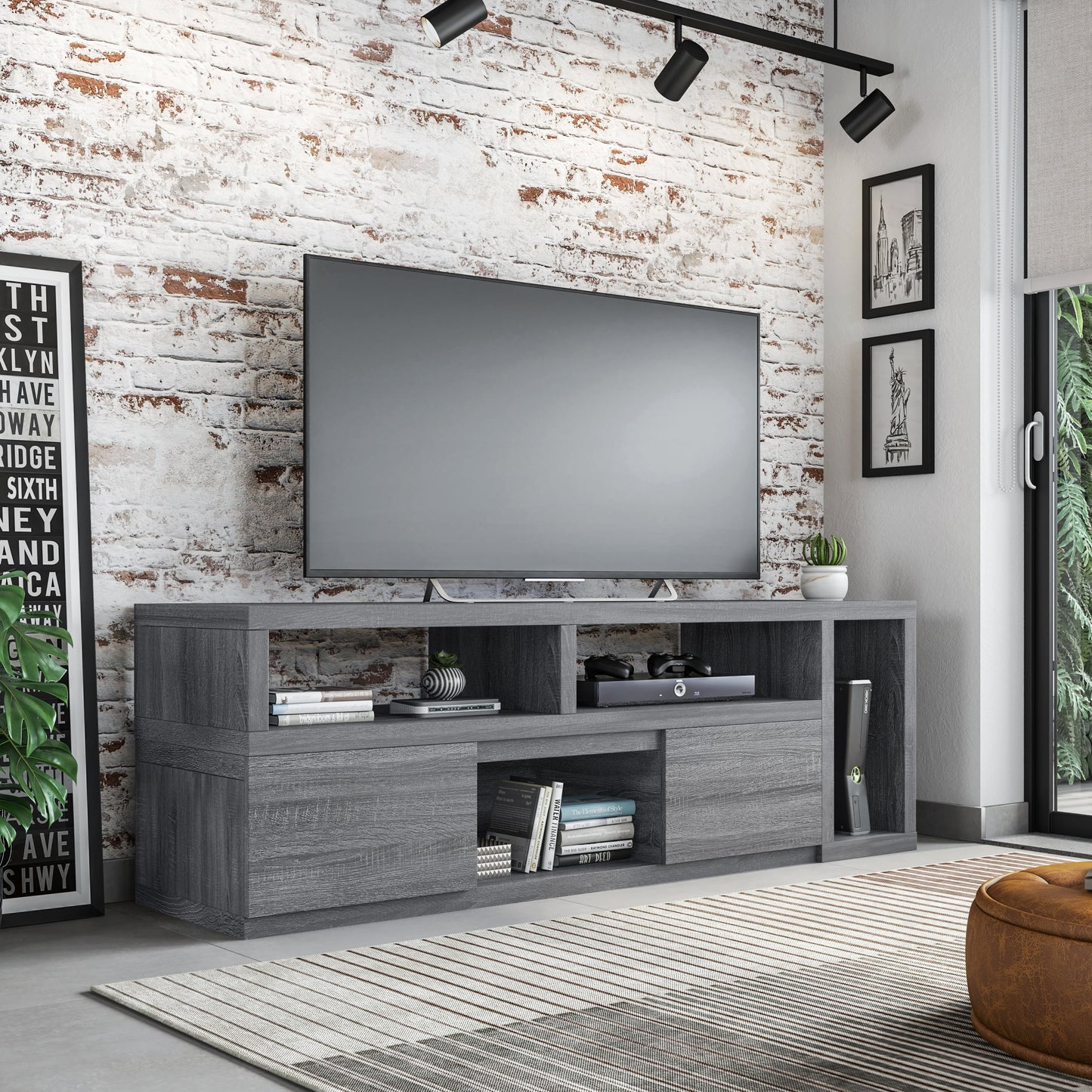 Techni Mobili Modern TV Stand Console for TV's up to 65" made with Engineered Wood , Grey Finish RTA-7050-GRY