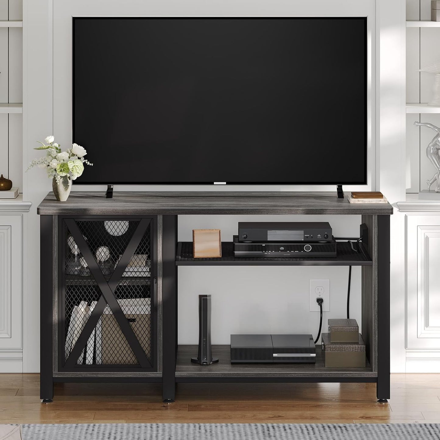 Uforic Industrial TV Stand for 65 inch TVs, TV Cabinet with Power Outlet,2 Open Storage Shelves for Living Room,Gray