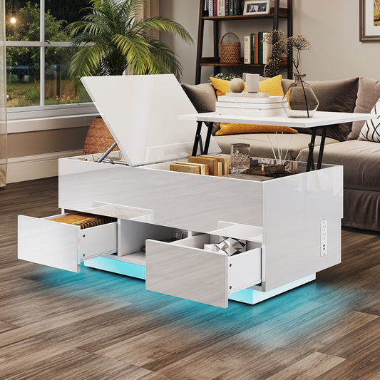 Uforic Lift Top Table with Drawers & LED Lights, High Gloss Coffee Table with Power Outlets, White