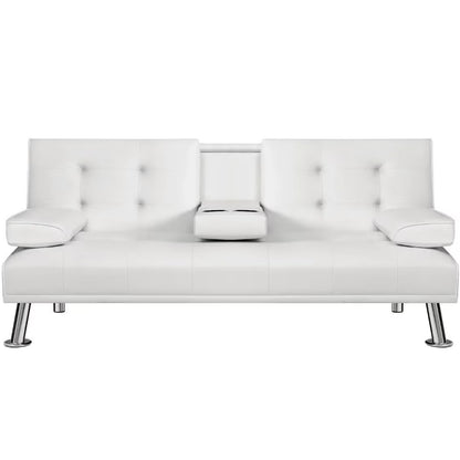 Vineego Modern Faux Leather Couch Convertible Folding Futon Sofa Bed with 2 Cup Holders,White