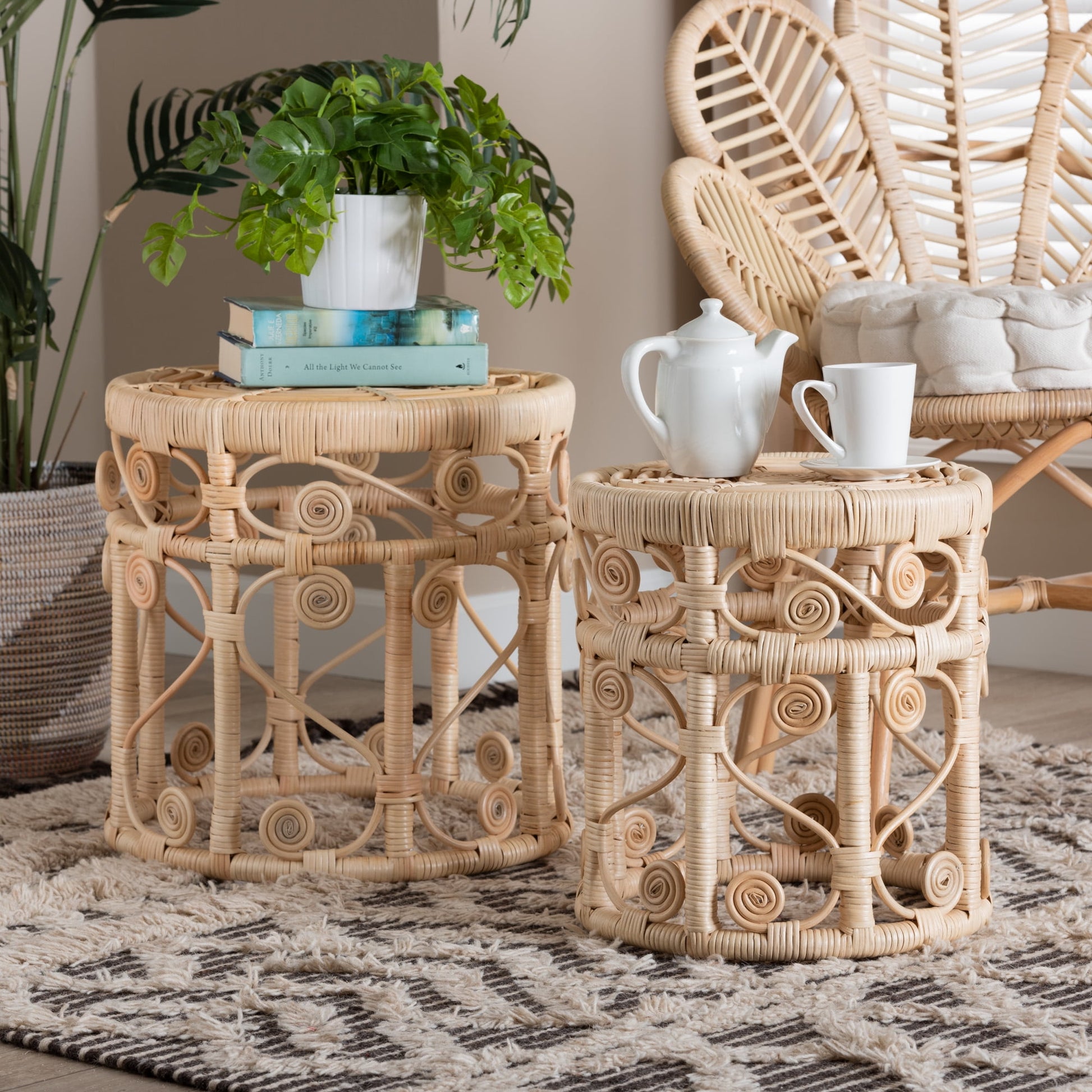 bali & pari Bowie Rattan BOHO End Table, Natural Brown