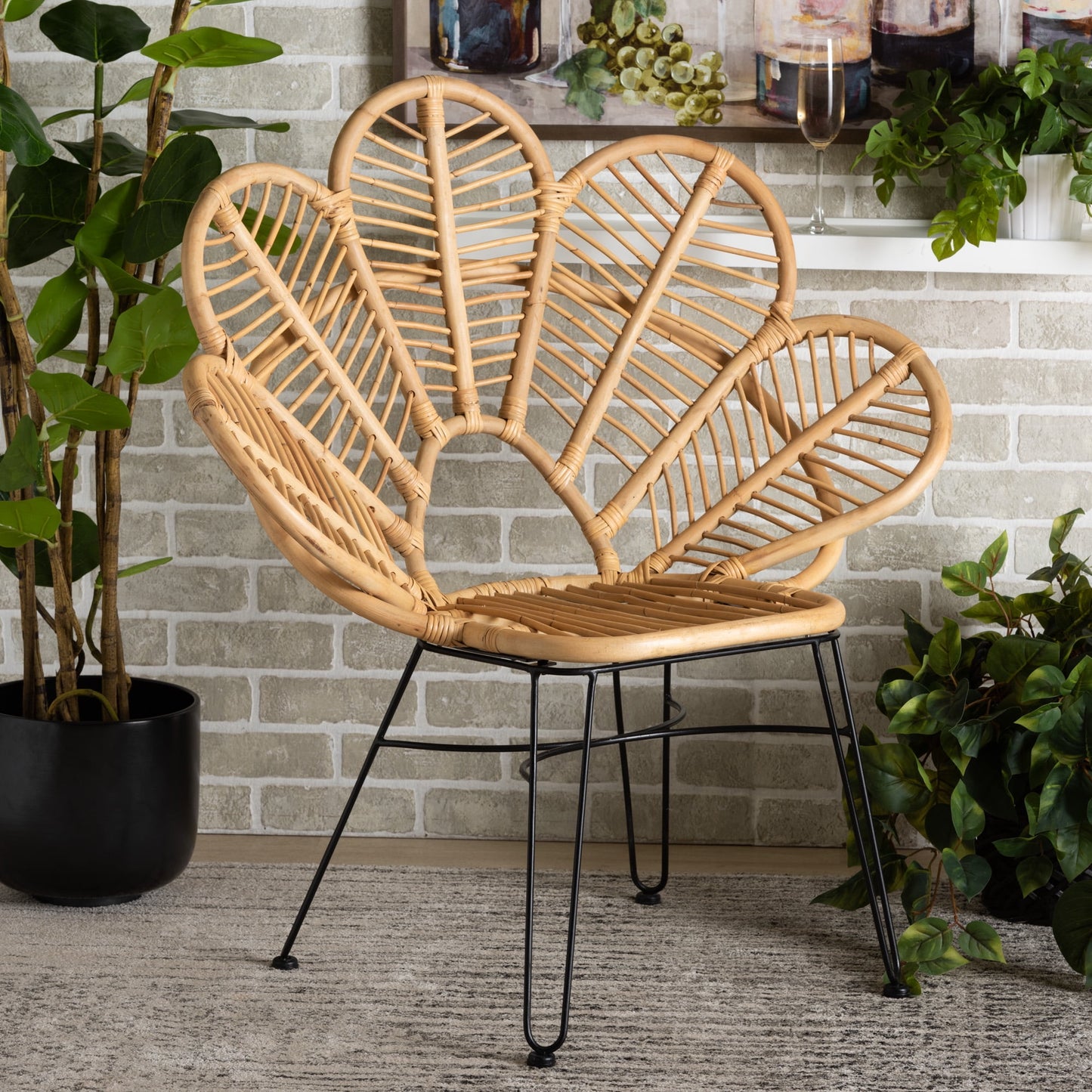 bali & pari Garan Modern Bohemian Natural Brown Rattan and Black Metal Accent Chair