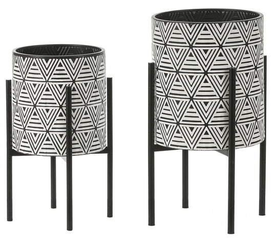LuxenHome 2-Pc Black/White Metal Cachepot Planters with Stands