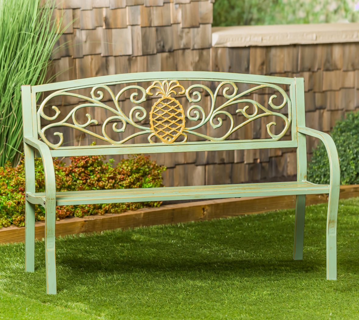 Pineapple Metal Garden Bench - Verdigris by Evergreen