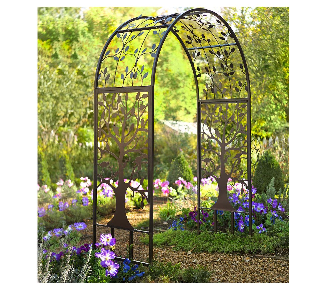 Evergreen Metal Arched Garden Arbor with Tree of Life Design