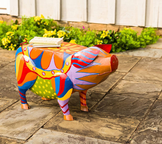Evergreen Colorful Folk Art Pig Side Table