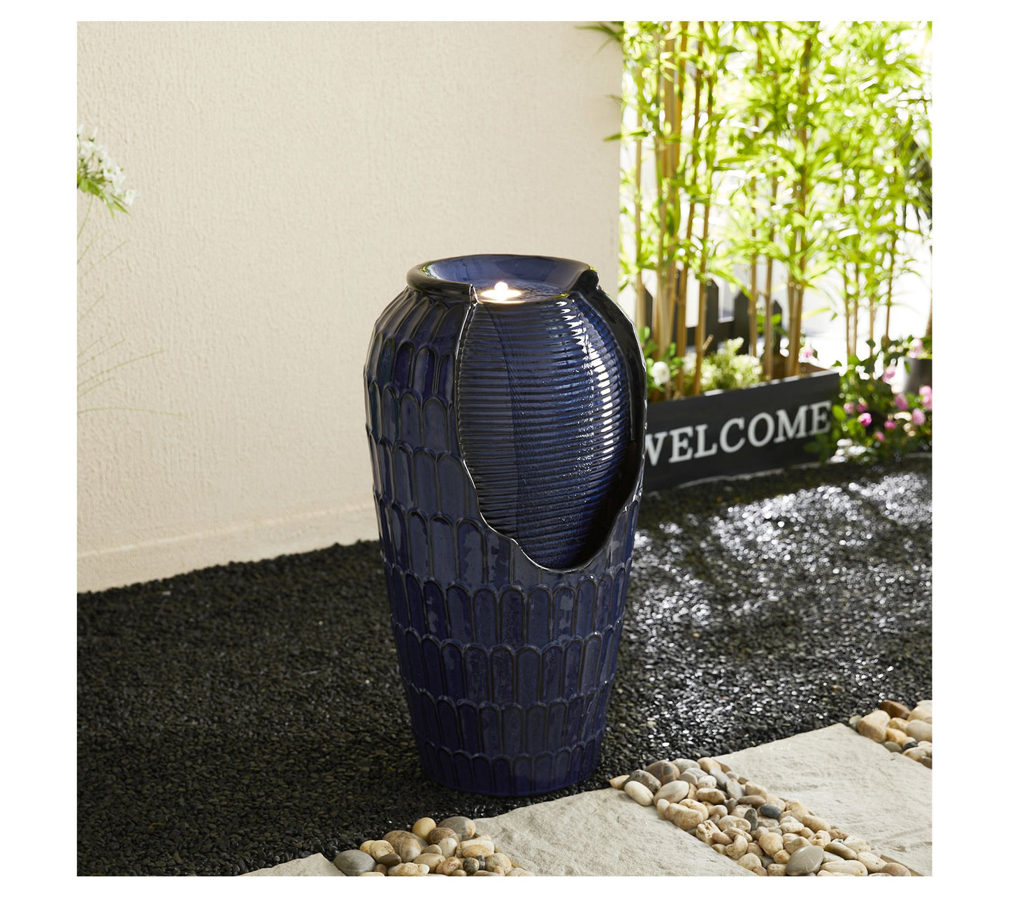 Glitzhome 28" LED Lighted Petals Ceramic Jar Outdoor Fountain